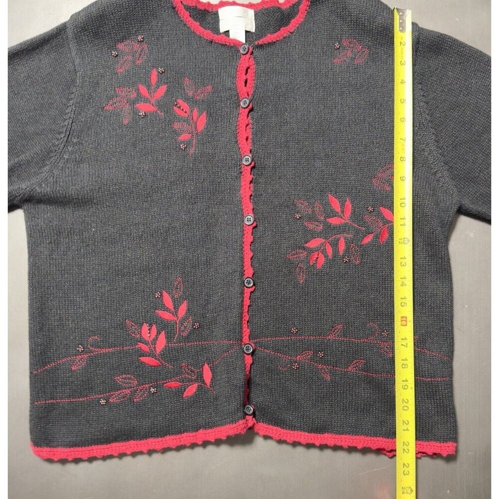 Vintage Christopher Banks Hand Embroidered Black Red Sweater Beaded Cardigan XL - Picture 10 of 13